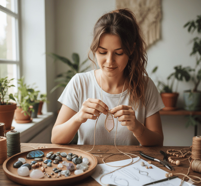 mujer haciendo macramé feliz con piedras preciosas 