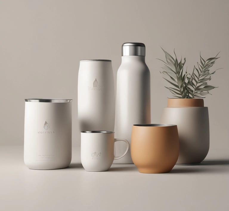 A collection of colourful branded drinkware displayed on a minimalist shelf with logo accents.