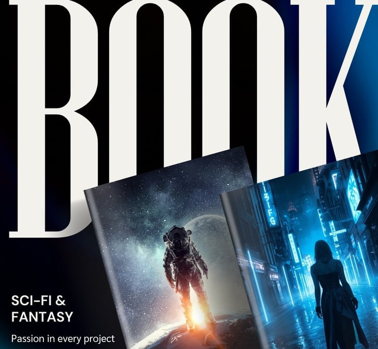 The image shows the word BOOK and two covers with Sci-Fi scenes