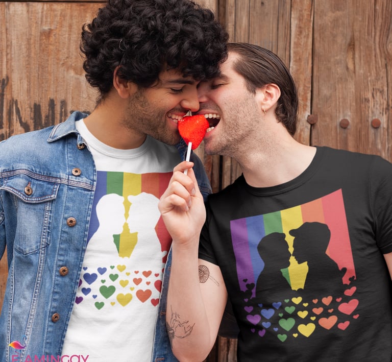 2 men sharing a lollipop wearing Flamingay T-shirts of a gay couple silhouette kissing