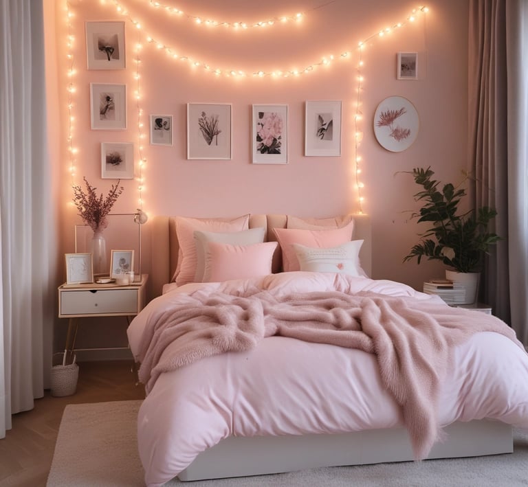 A cozy pastel pink bedroom corner with soft fairy lights and delicate floral accents.