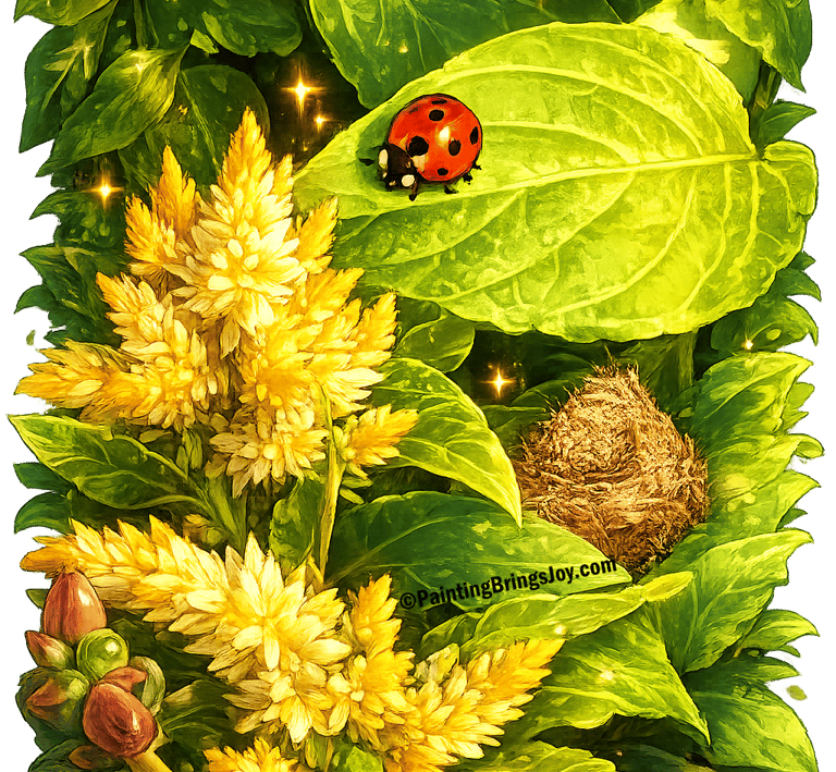 Painting Brings Joy Ladybug with leaves nest sunshine