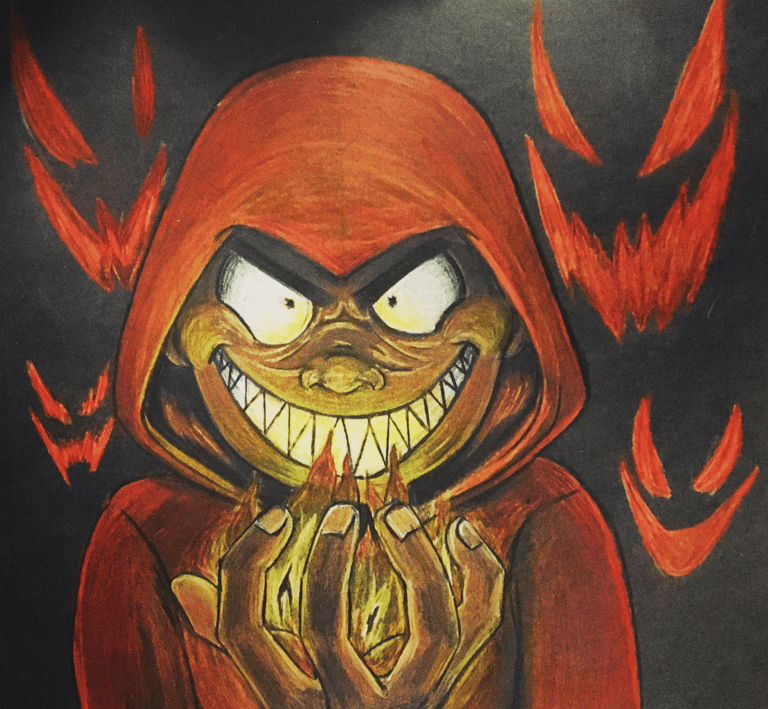 a drawing of a cartoon man with a red hoodie holding fire. with demons in the background.