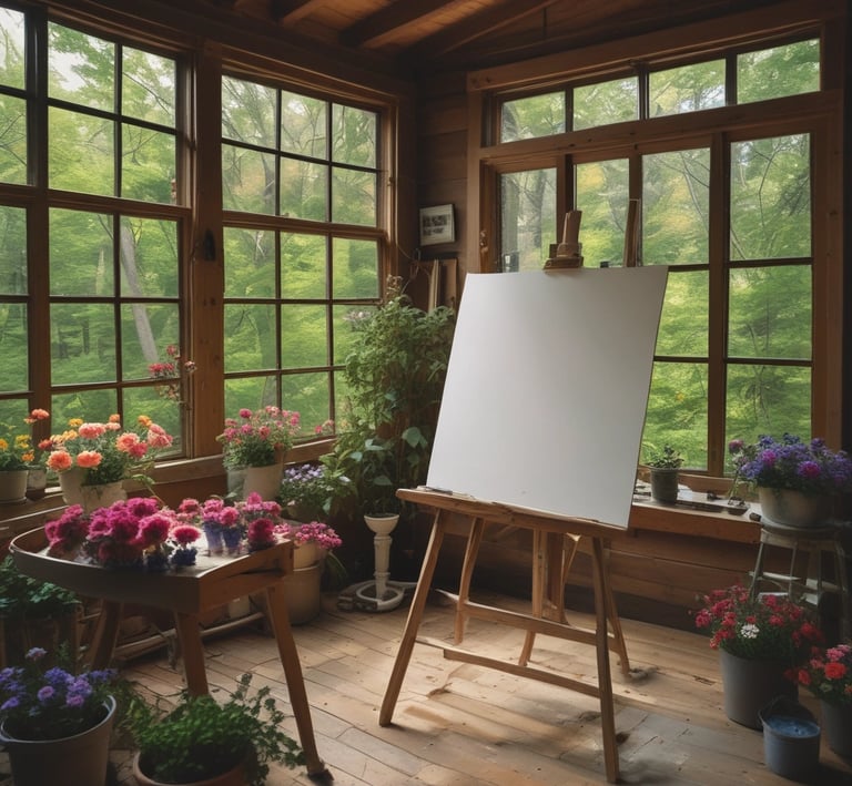 A softly lit art studio corner with canvases featuring roses intertwined with scripture verses.