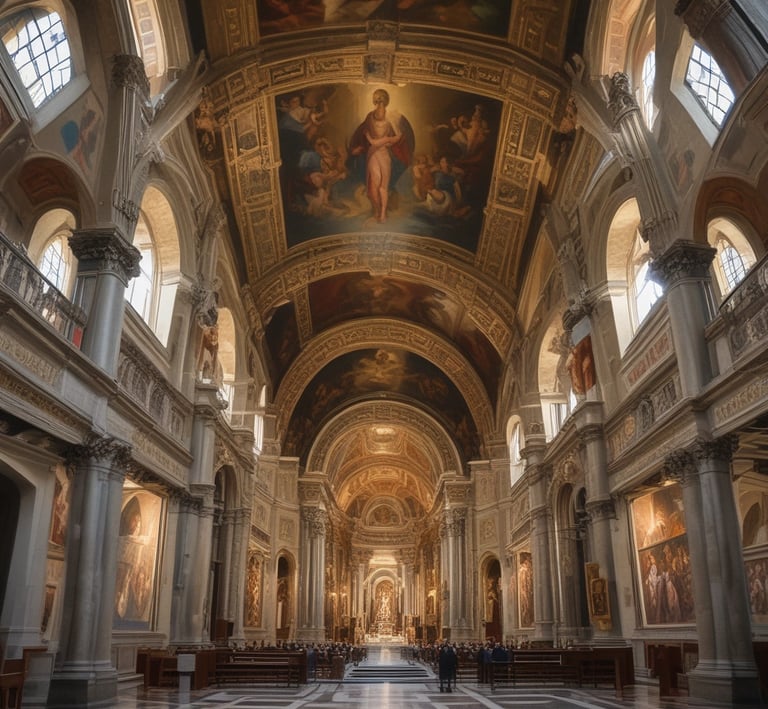 A peaceful church interior with a canvas of Jesus and scripture resting on an easel nearby.