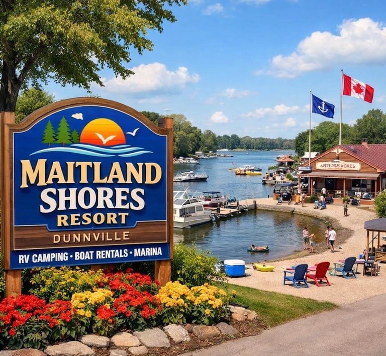 Maitland Shores Resort sign in Dunnville overlooking a scenic marina and boat rentals.