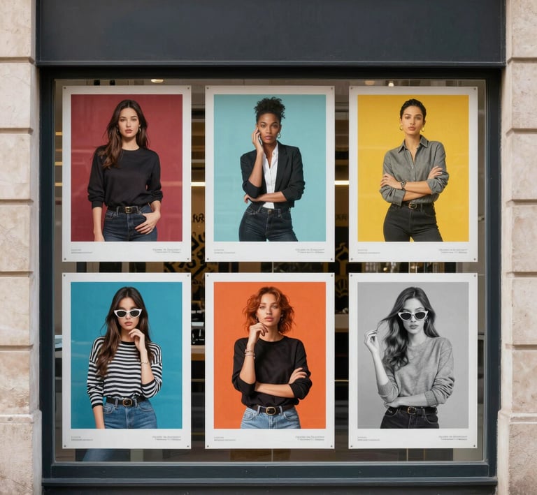 A grid of posters featuring bold, geometric typography in various colors. Some posters have words that are partially obscured or peeled. The background colors include blue, yellow, and beige, with different text orientations. One poster appears to be partially peeled back to reveal a layer underneath.