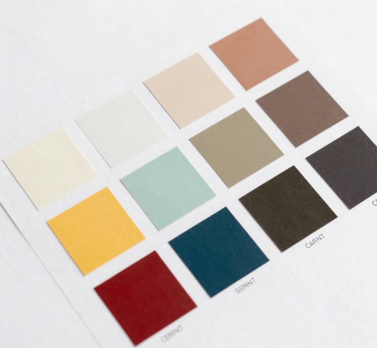 A collection of labels arranged in a fanned-out pattern, each featuring illustrations of a red factory with a green chimney and a yellow area with text and barcodes. The labels are neatly organized on a white background.