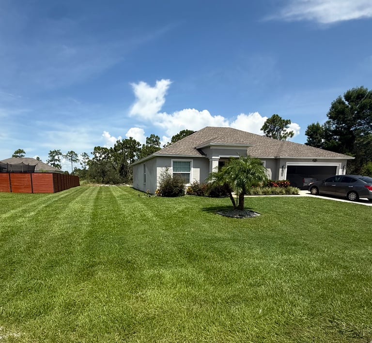 a house with a car parked in the grass