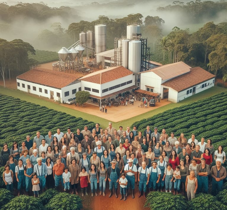 Personal de la fábrica de café posando en el campo.