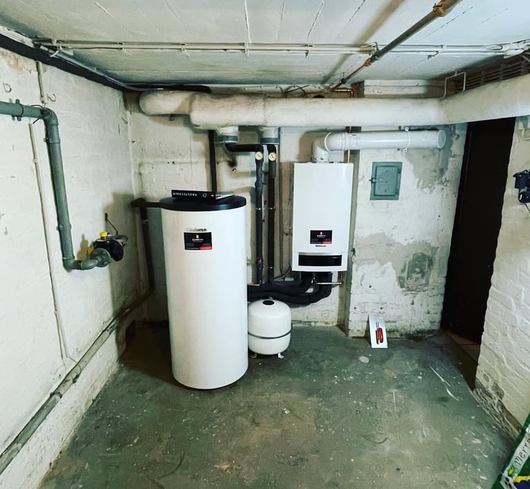 a tankless water heater in a basement