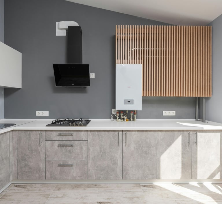 a kitchen with a stove top and a stove top