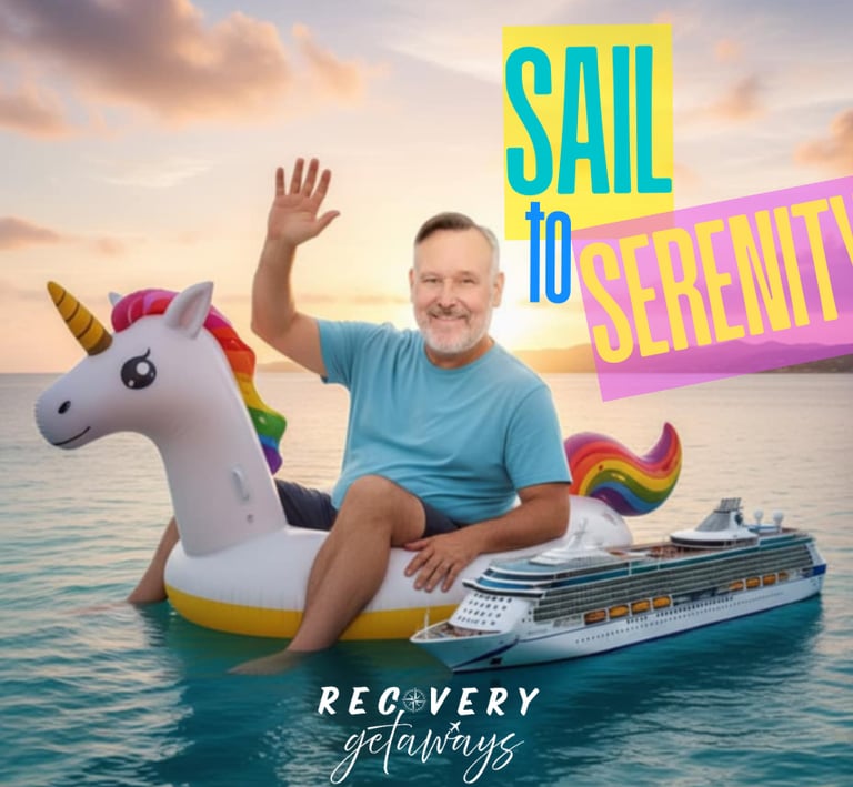 gary k riding a unicorn floaty next to a cruise ship