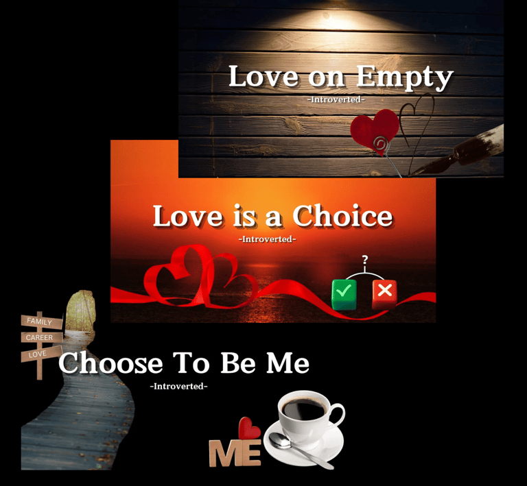 A collage of QuietVerse Creations' thumbnails with red hearts, wood, river & coffee.
