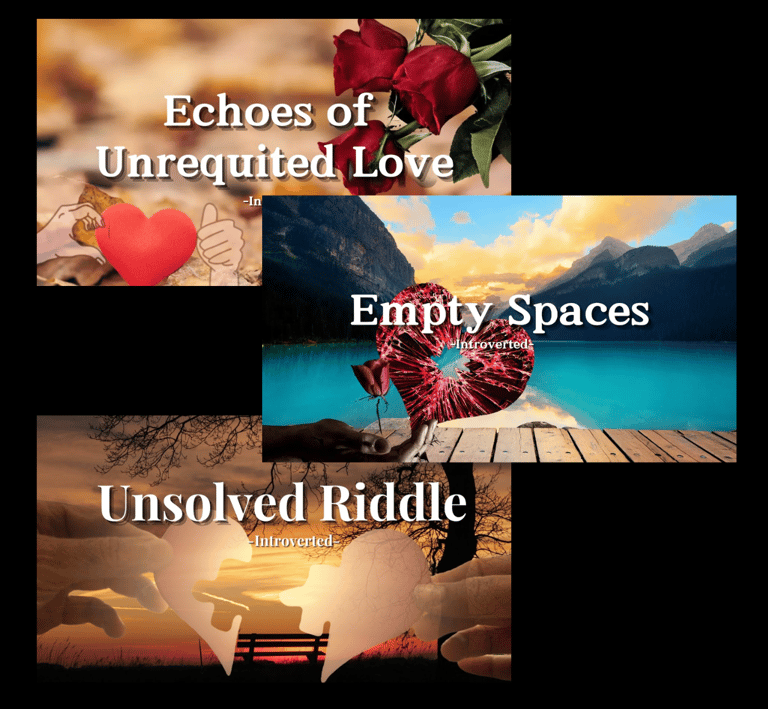 A collage of QuietVerse Creations' video thumbnails with nature & a broken heart.