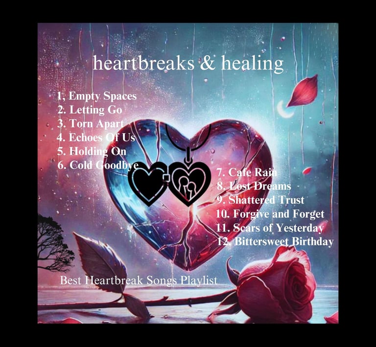 Heartbreaks & Healing album cover with broken glass heart, rain & a rose.