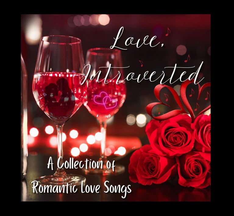 Love, Introverted' album cover with lovers in a wine glass, city lights & roses.