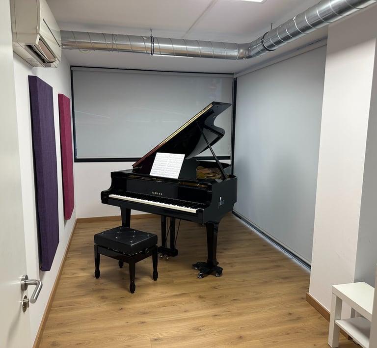a baby grand piano in a small room
