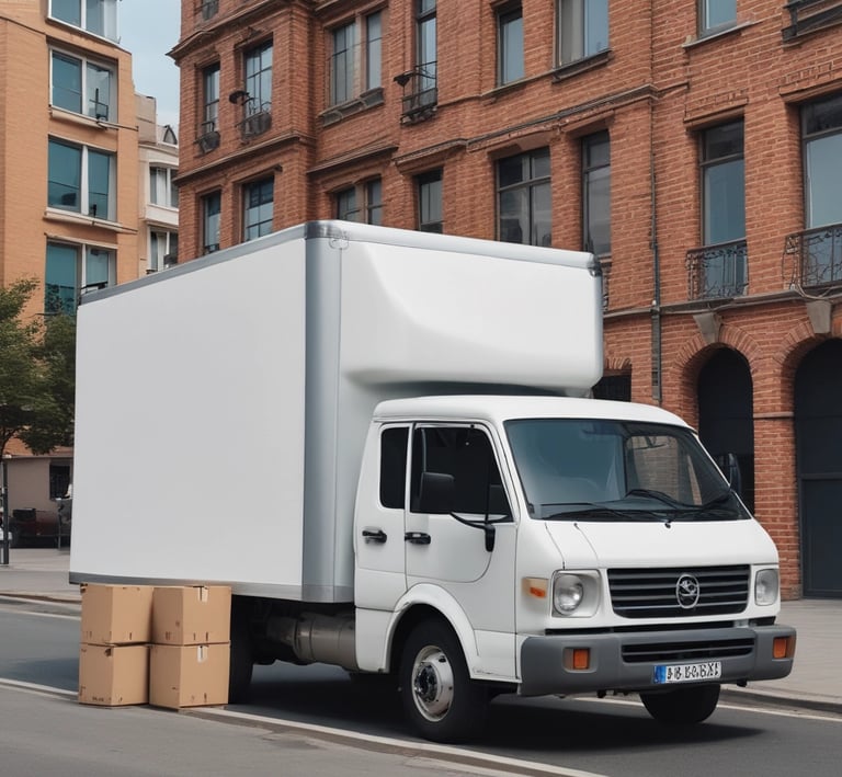 A delivery van with its back doors open, packed with numerous cardboard boxes of various sizes. A person is partially visible inside the van, surrounded by the boxes. The scene suggests the process of loading or unloading packages.
