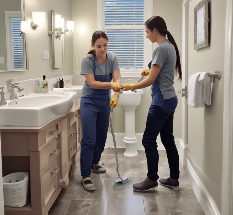 A dry cleaning shop named 'HLP Cleaners' is located on a dimly lit street. The store has a prominent sign above the entrance, and its windows are illuminated with a warm yellow light. A sign on the door lists services such as dry cleaning, laundry, and suede & leather cleaning. The building exterior is simple with a combination of dark tiles and light-colored upper walls. The entrance is flanked by two closed doors, likely of neighboring establishments.