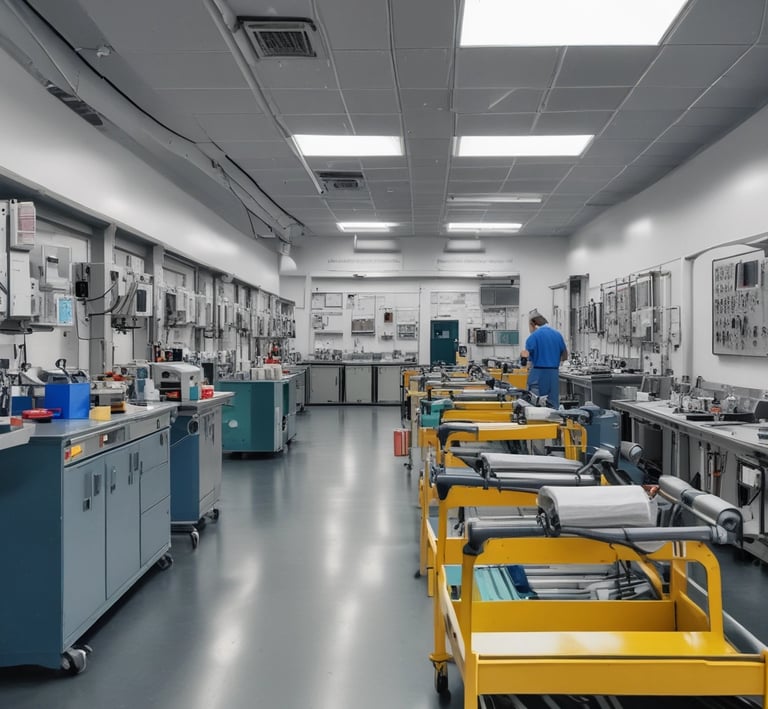 A well-organized workshop with various medical devices ready for service.