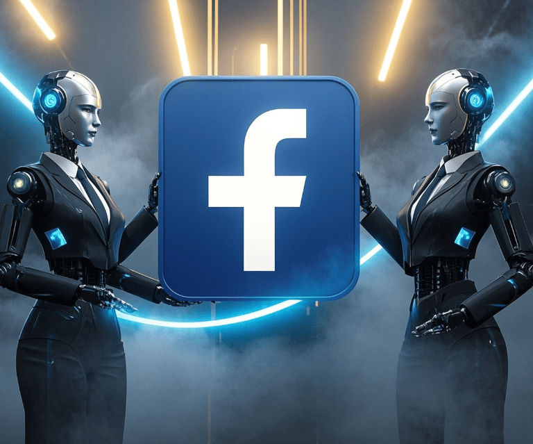two ai female robots business suits holding Facebook logo