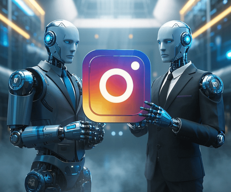 two ai male robots business suits holding a large  instagram logo