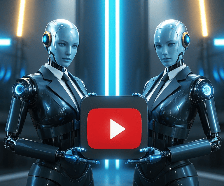 two ai female robots business suits holding a large YouTube logo