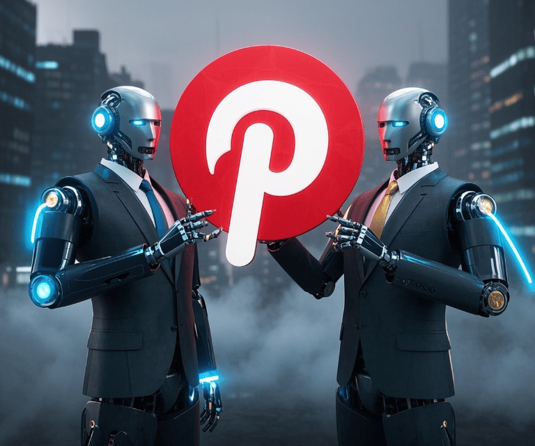 two male robot business suits holding Pinterest logo