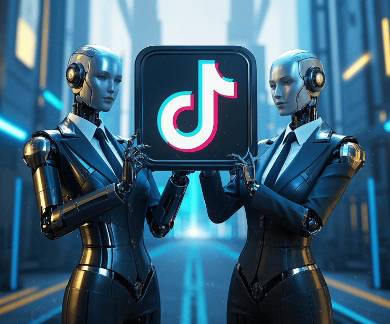 two ai female robots business suits holding the TikTok logo