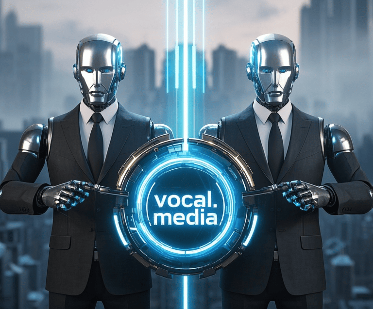 two male robots business suits holding what represents the vocal.media platform 