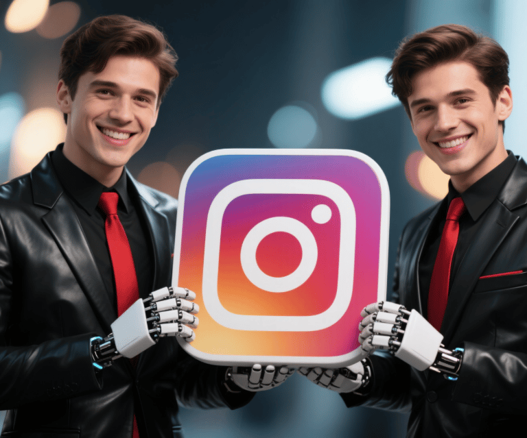 two men in suits and ties holding an Instagram logo