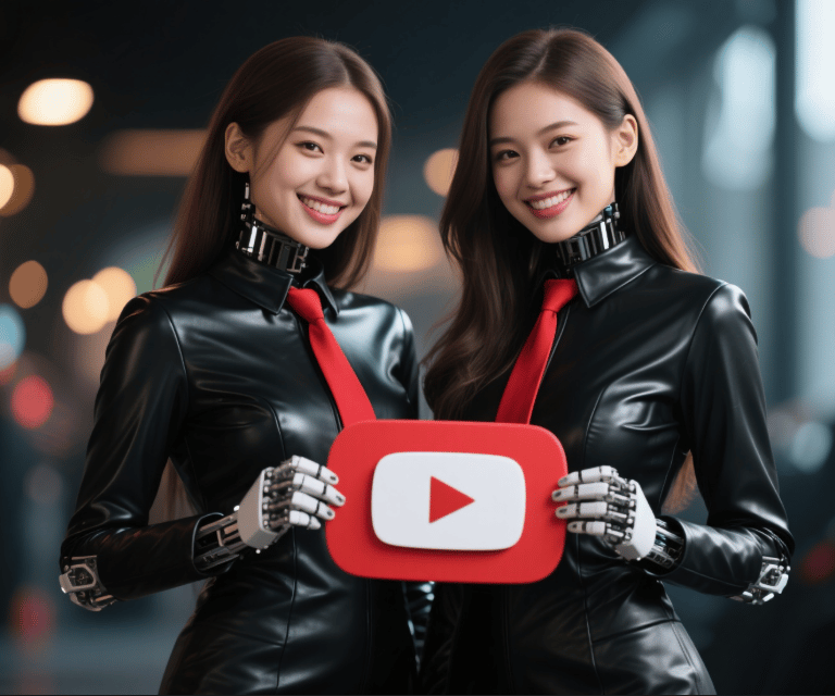 two women in black leather suit red ties holding YouTube logo