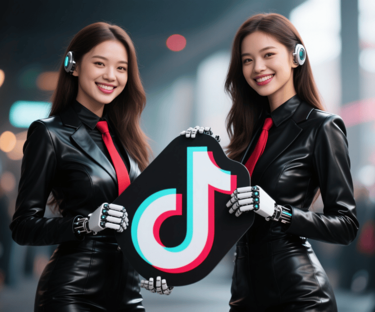 two women in black leather jackets red ties holding a tiktok logo