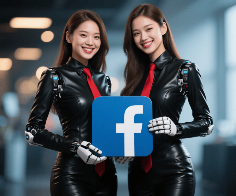 two women in black leather suits red tie holding a facebook logo