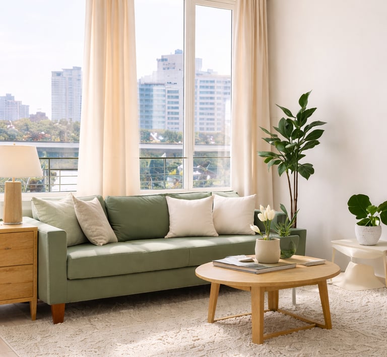 Modern living room interior design in Miami with sage green sofa, custom beige curtains, and abundant natural light
