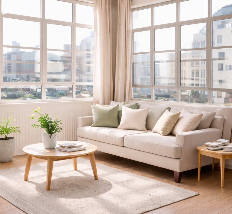 Bright modern living room in Miami featuring beige sofa, floor-to-ceiling windows, custom window treatments.