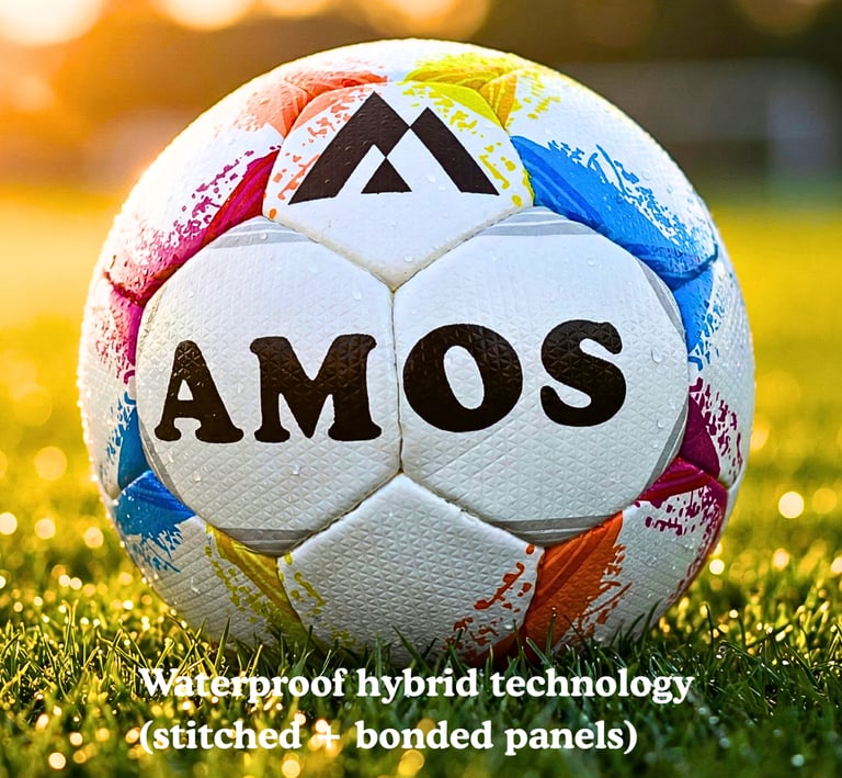 Colorful waterproof AMOS size 4 football for kids of age 8 to 12 years on a grassy field at sunset.