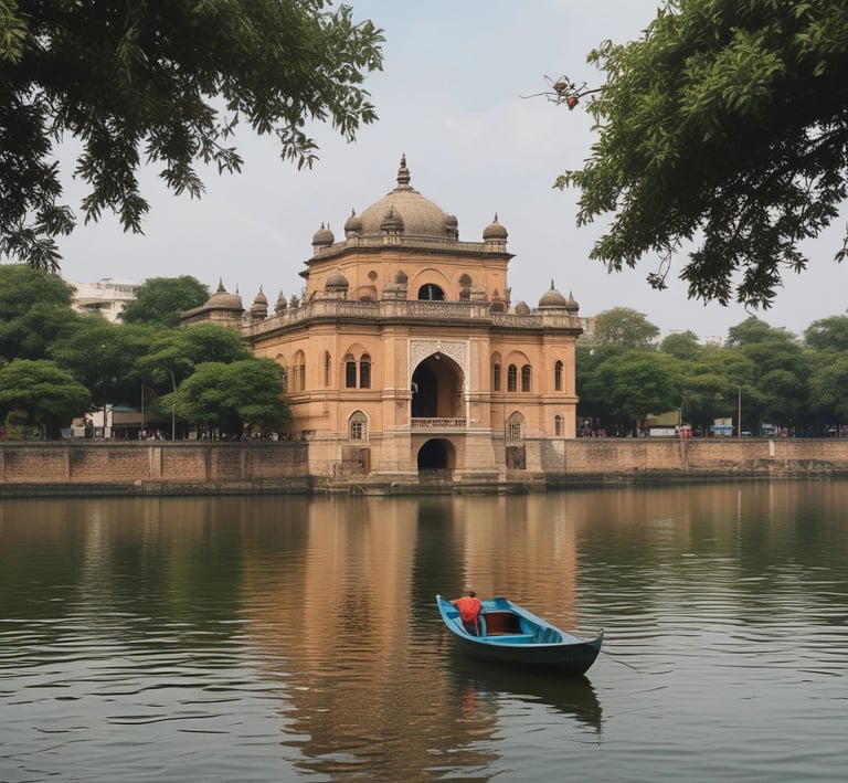 The historic Lalbagh Fort surrounded by lush greenery.