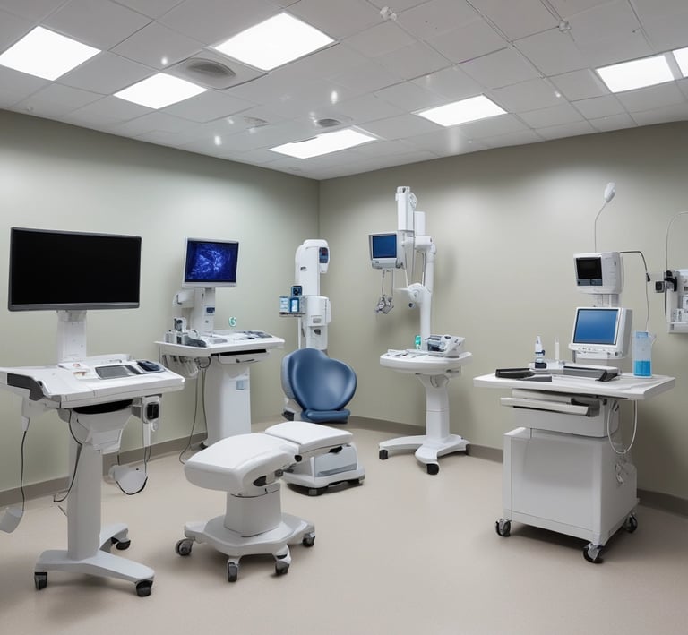 Two people in lab coats collaborate in an office setting. One is seated and pointing at a computer screen displaying medical images, while the other stands nearby holding a tablet. Large windows reveal a view of greenery outside, creating a bright and professional environment.