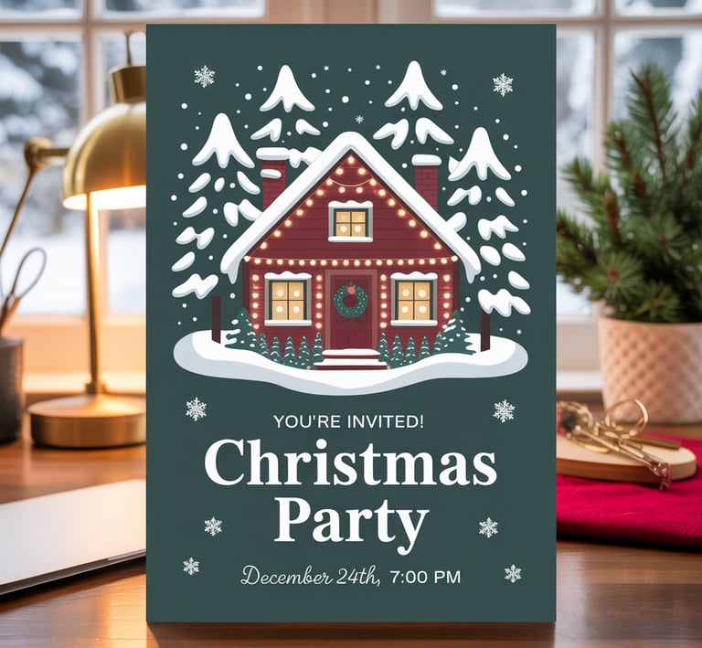 a christmas party invitation card with a house in the background