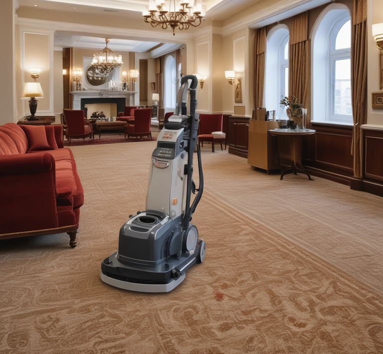 A professional cleaning team working on a large carpet in a spacious room.