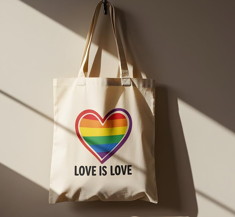 a tote bag with a rainbow - colored heart on it