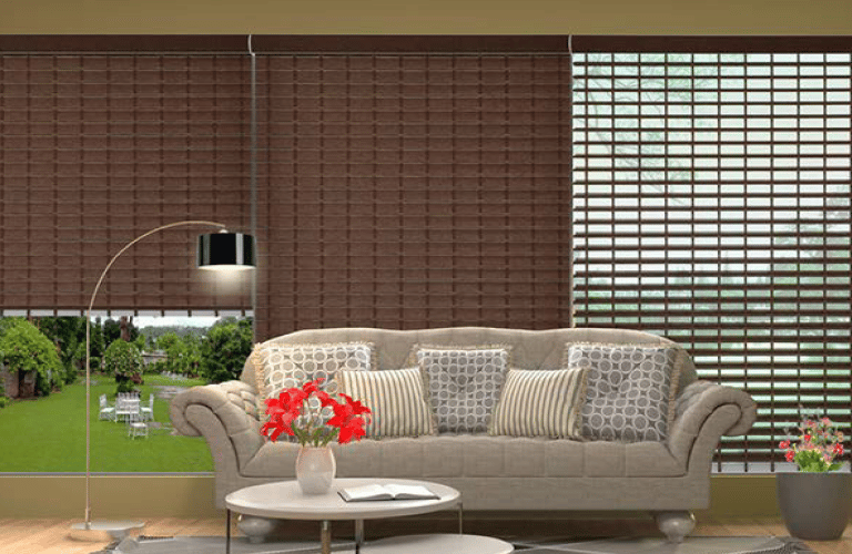 a living room with latest in Window Blinds