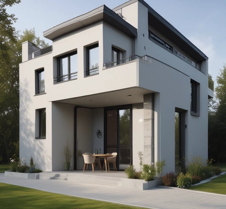 A construction excavator with a bucket attachment is demolishing a brick building. Rubble and dust are visible as the bricks fall and the structure collapses. The building appears to be residential with windows and parts of the interior exposed.