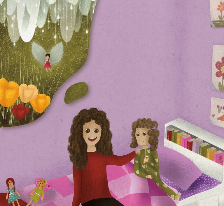 a woman sitting on a bed with a child, dolls and a Tooth Fairy in a thought bubble