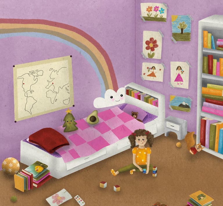 a child's room with a bed and a toy