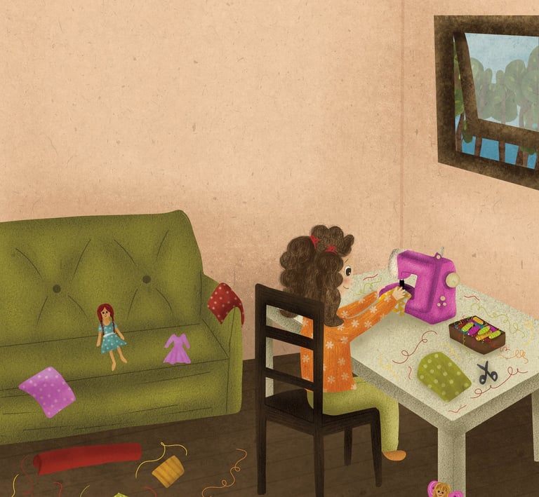 a child sewing in a living room with a couch and a table