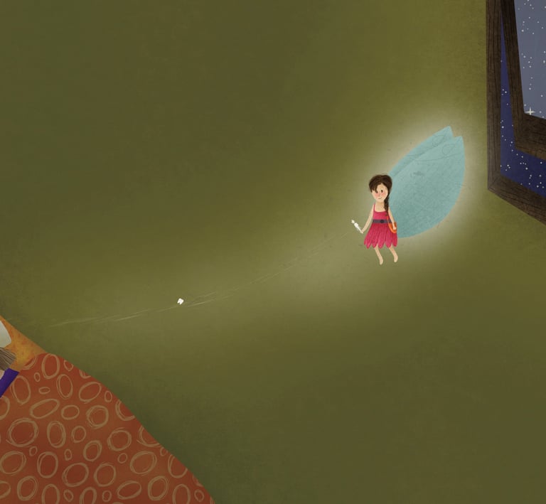 Tooth Fairy using magic to extract tooth from under a pillow