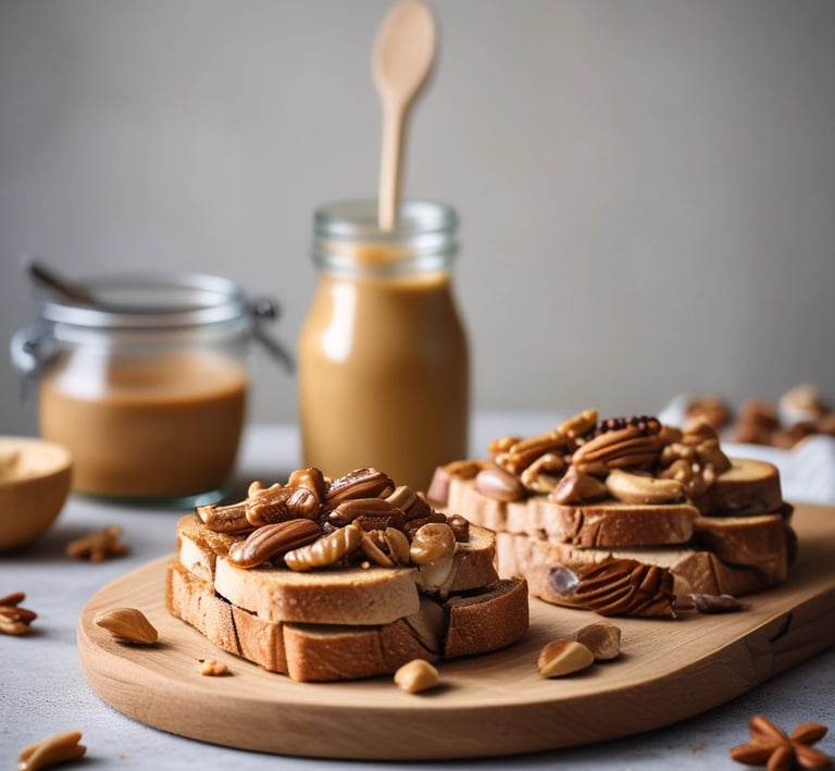 Close-up of creamy almond butter spread on rustic bread with fresh almonds nearby.